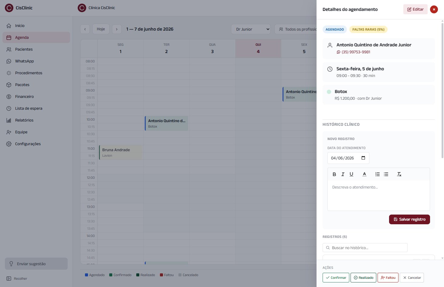 Histórico clínico na agenda do CisClinic